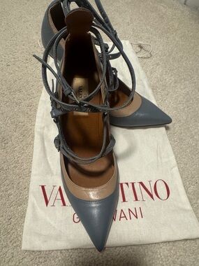 Valentino Blue and Tan Pointed Lace-Up Pumps